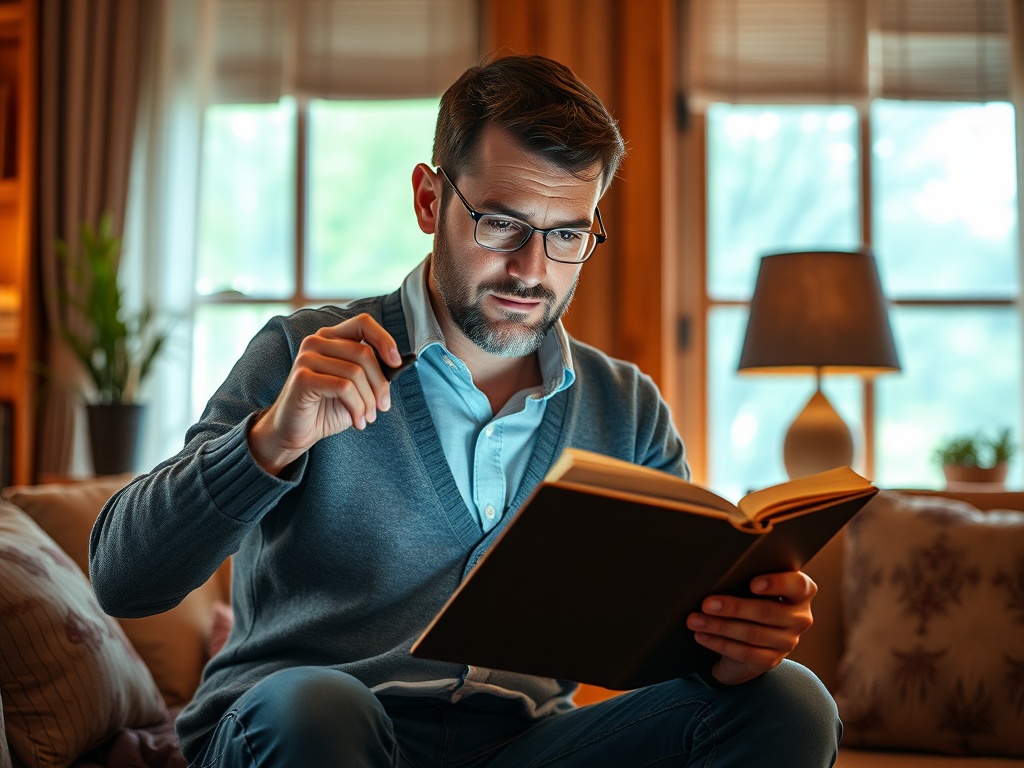 Мужчина в свитере читает книгу в уютной комнате с мягким светом и большими окнами.