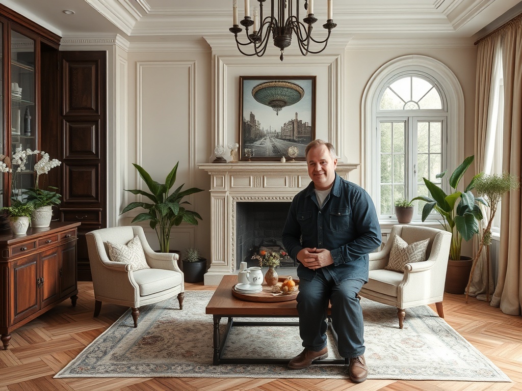 Мужчина сидит на диване в уютной комнате, окружённый растениями и элементами интерьера. На столе чай и фрукты.