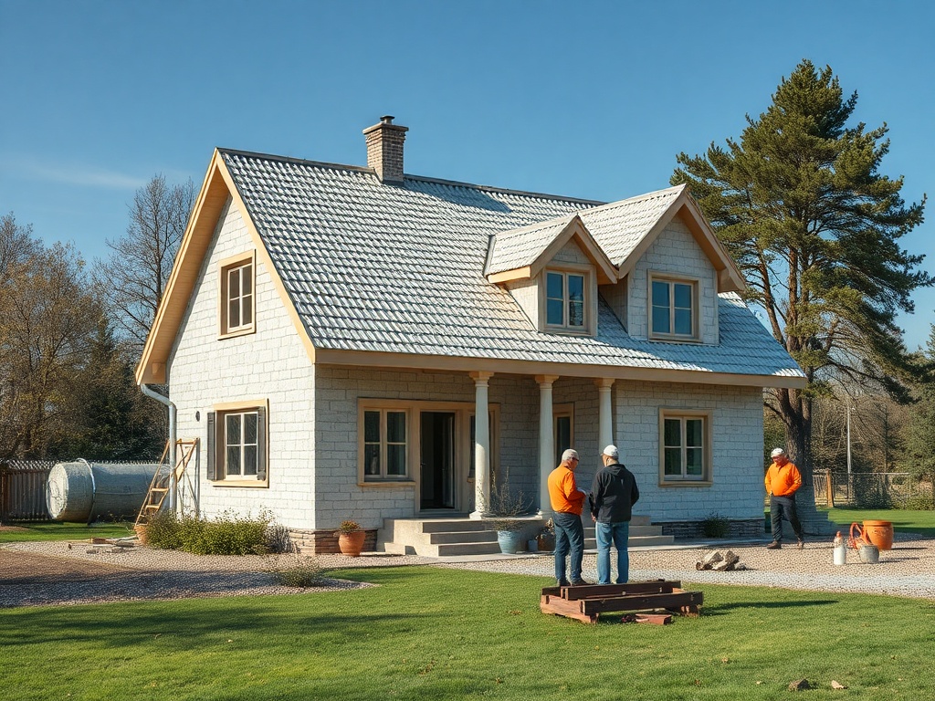 Три человека общаются возле нового светлого дома на фоне зеленого лужайки и деревьев. Ясная погода.