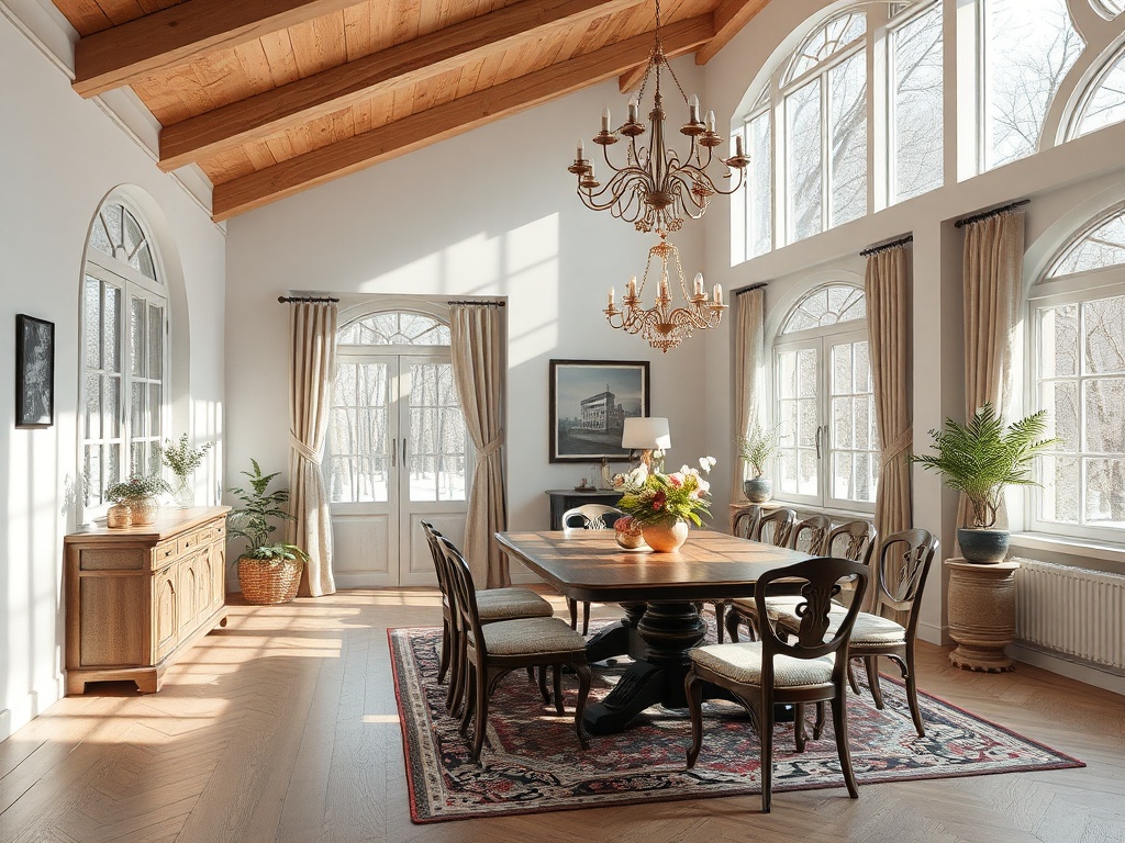 Светлая столовая с деревянным столом, стульями, люстрой и большими окнами, открывающими вид на природу.