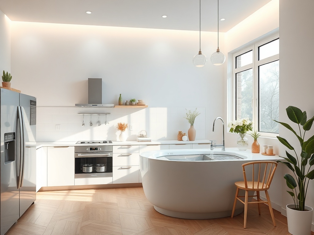 Современная кухня с белыми шкафами, островом, плите и большим окном, где много зелени и света.