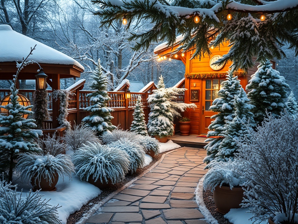 Зимний пейзаж с деревянным домиком и заснеженными кустами, освещённый гирляндами. Спокойная и уютная атмосфера.