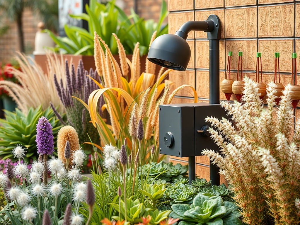 Элегантный сад с разнообразными растениями и современным освещением на фоне текстурированной стены.