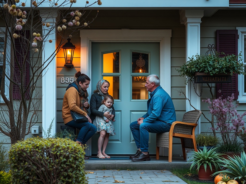 На веранде дома беседуют два взрослых и девочка. Уютная атмосфера, вечерний свет.