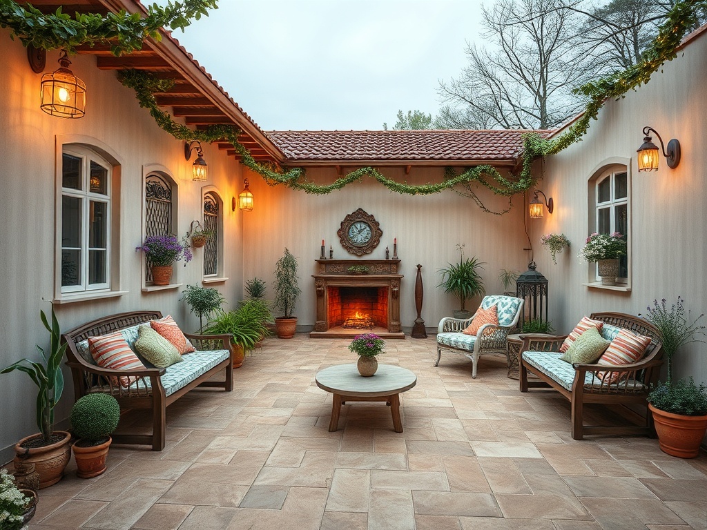 Уютный внутренний дворик с камином, светильниками и зелеными растениями рядом с комфортной мебелью.