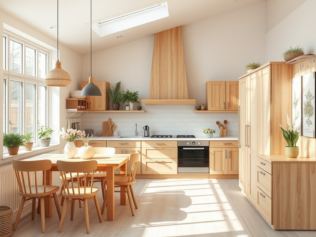 Светлая кухня из дерева с обеденной зоной, зелеными растениями и большим окном. Пространство выглядит уютно и современно.