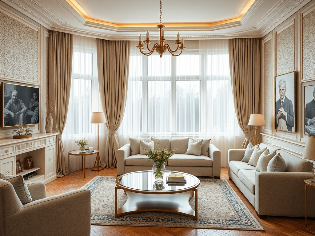 Современный светлый интерьер гостиной с большими окнами и элегантной мебелью. 