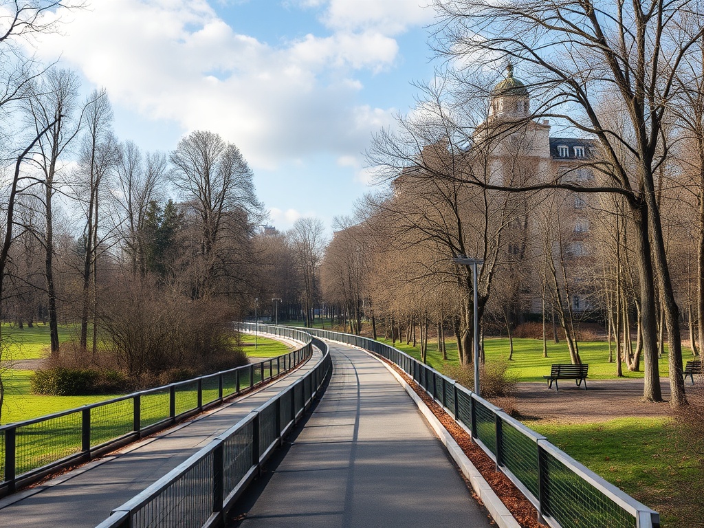Пейзаж парка с извивающейся дорожкой, деревьями без листвы и зданием на фоне голубого неба.