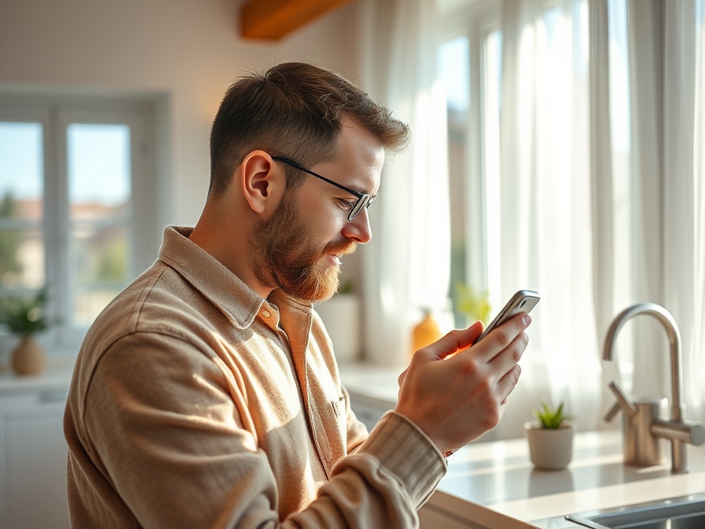 Молодой мужчина с бородой и очками смотрит на телефон в светлой кухне с растениями на окне.