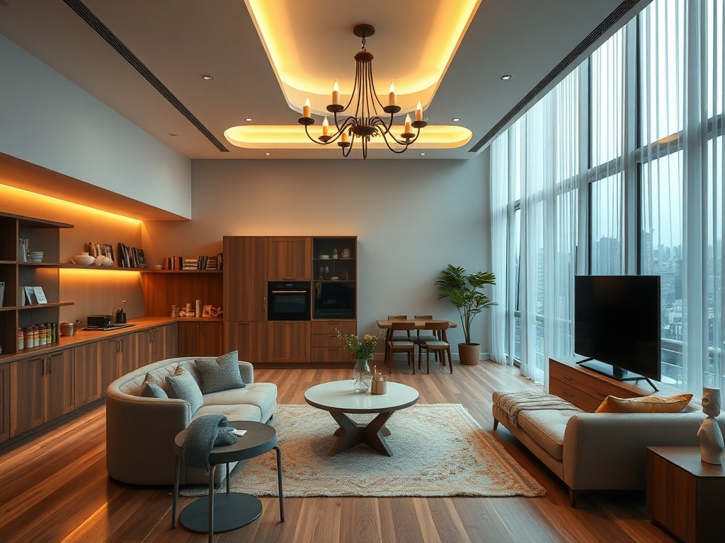 Современная гостиная с деревянным полом, светильниками и большими окнами, выходящими на город.