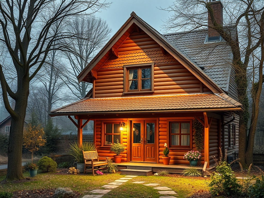 Деревянный дом с освещенной дверью, окруженный деревьями и зелеными растениями, вечерний пейзаж.