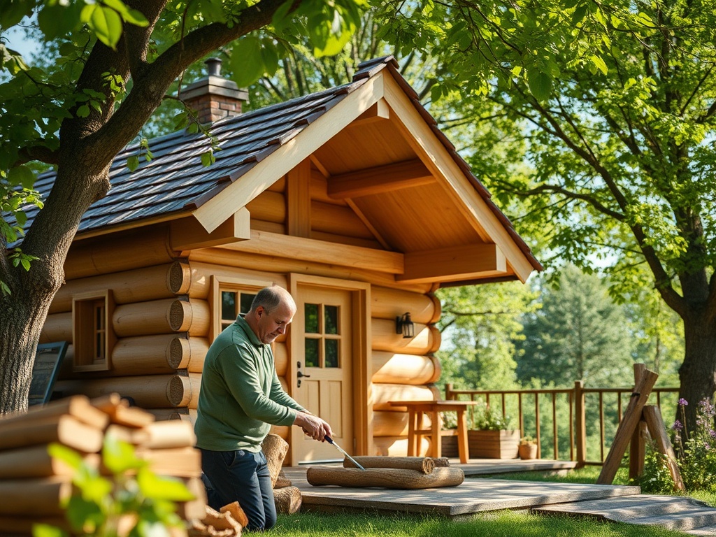 Мужчина работает возле деревянного домика на фоне зелёной травы и деревьев. Солнечный день.