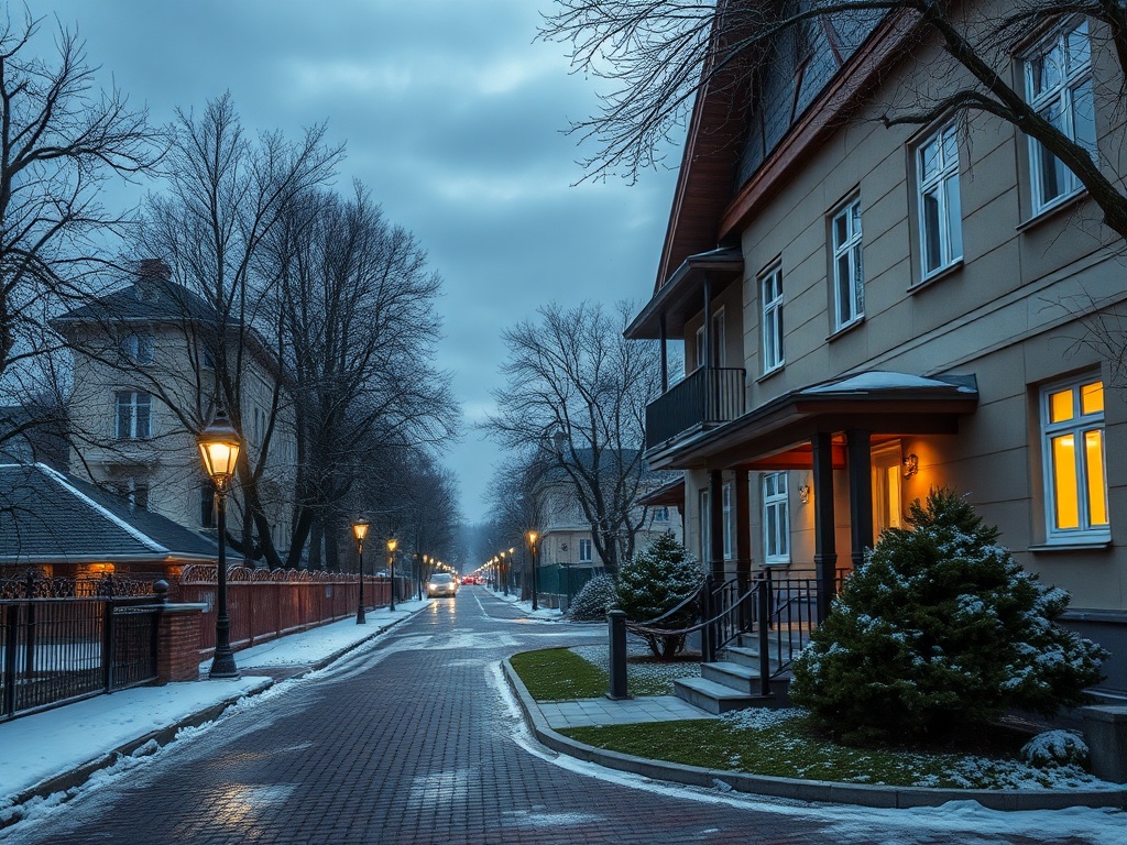 Уютный зимний вечер на улице с освещением, снежным покровом и красивыми домами.