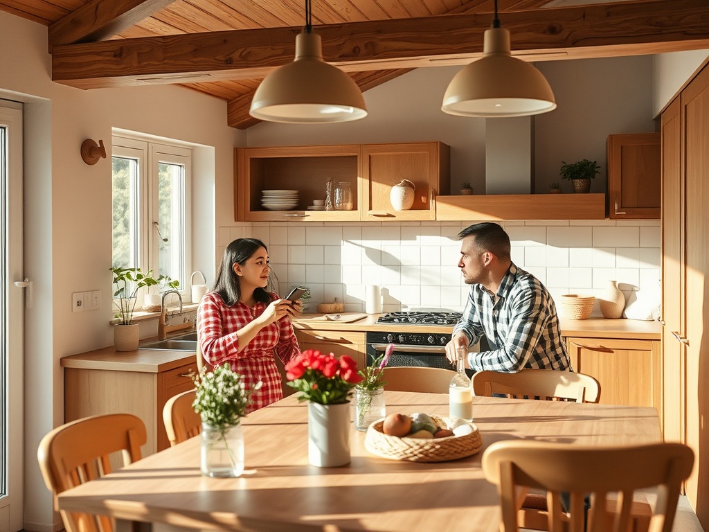 Двое людей разговаривают на кухне, окруженные зелен plants и продуктами на столе. Светлый, уютный интерьер.