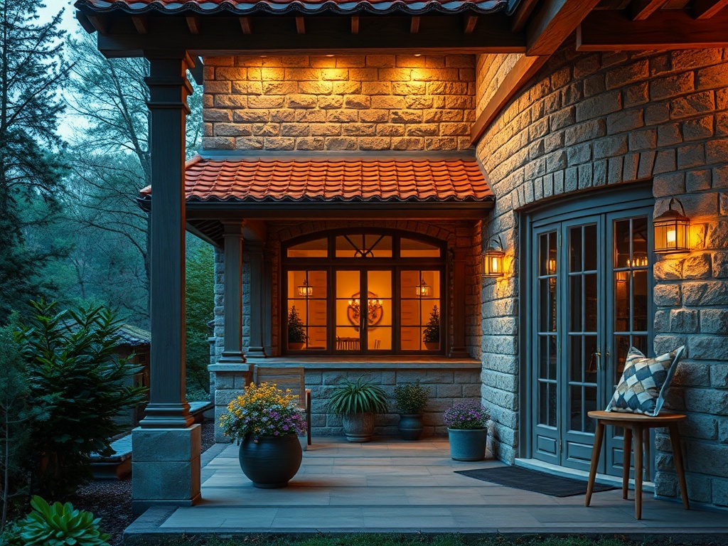 Красивая веранда с теплым освещением, растениями и уютной мебелью, окруженная зеленью.