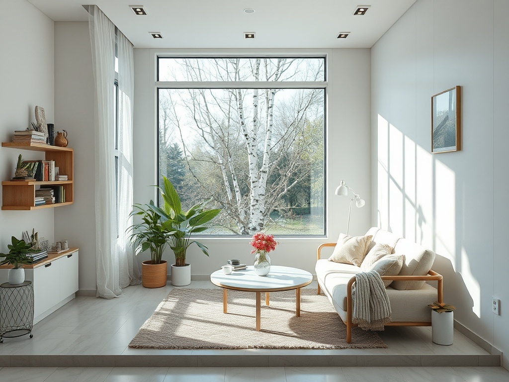 Светлая комната с диваном, столом и растениями у большого окна, за которым виден парк с деревьями.