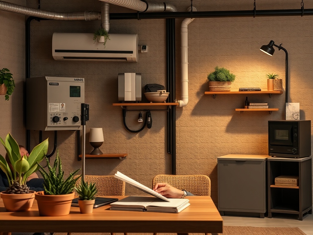 Современный кабинет с растениями, столом, микроволновкой и полками на стенах в уютной обстановке.