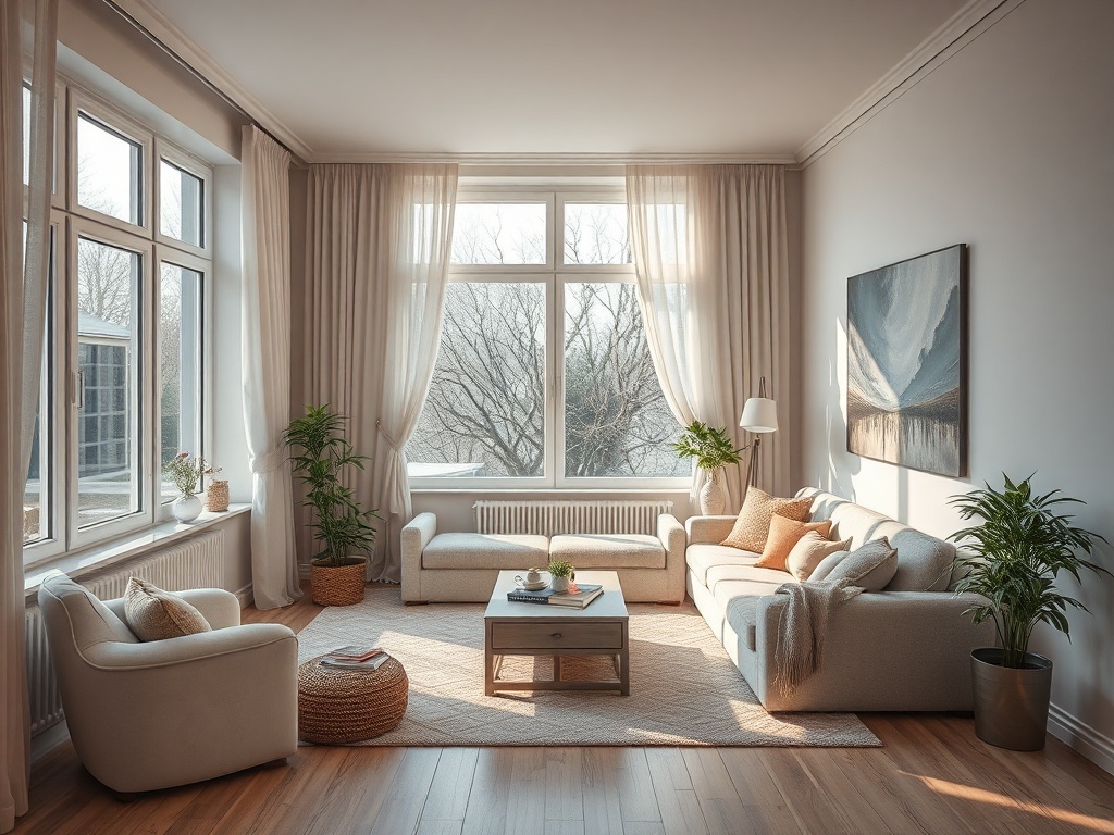 Светлая гостиная с большими окнами, уютной мебелью и зелеными растениями на фоне зимнего пейзажа.