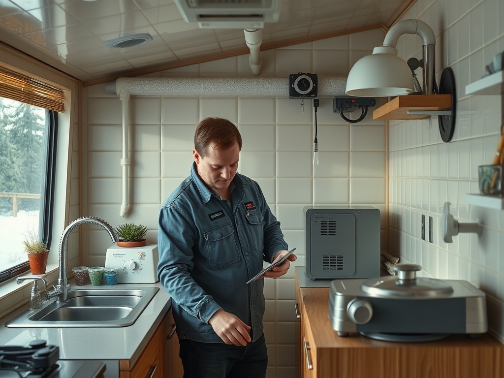 Мужчина в рабочей одежде стоит на кухне и смотрит на планшет, рядом кухонные принадлежности и растения.