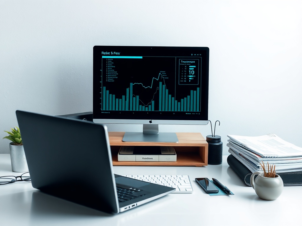 Современный рабочий стол с компьютером, графиками и канцелярскими принадлежностями.