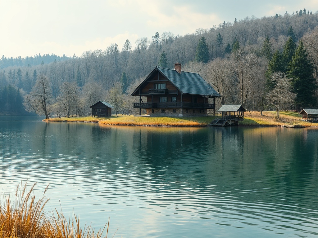 На берегу спокойного озера расположился деревянный дом с пристанью и рядом небольших строений.