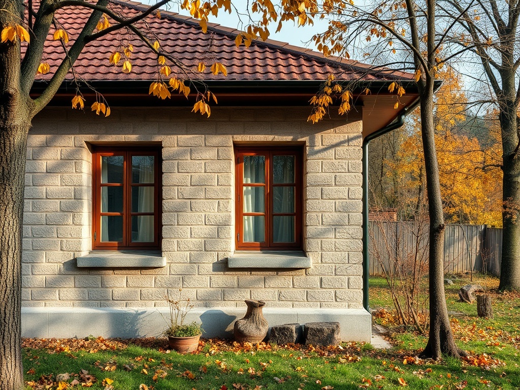 Дом с каменной стеной и окнами, окруженными осенними деревьями и желтыми листьями.