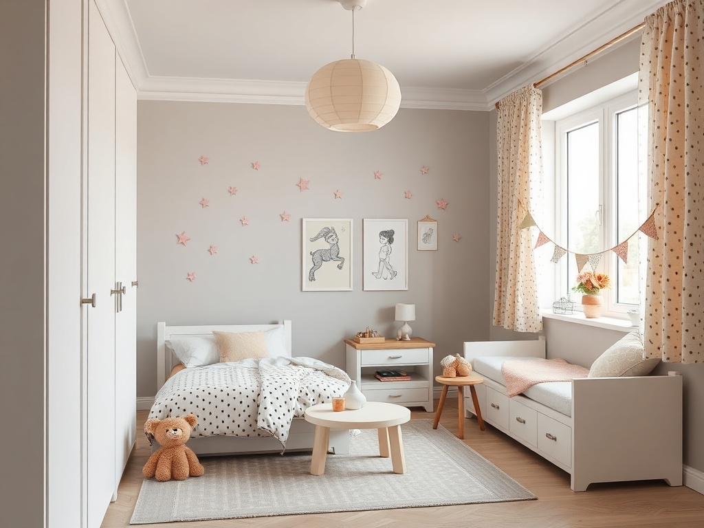 Светлая детская комната с белой мебелью, игрушками и уютным декором. Спокойная атмосфера для отдыха.