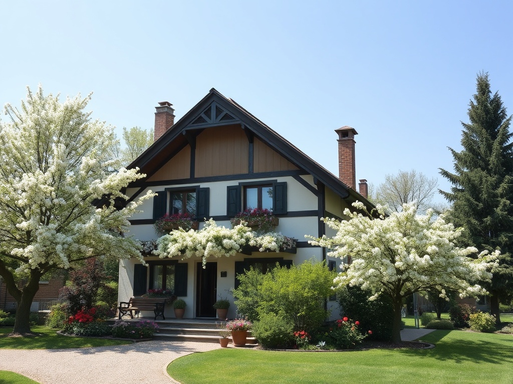 Дом с цветущими деревьями и ухоженным двором на фоне голубого неба. Уютная и спокойная атмосфера.