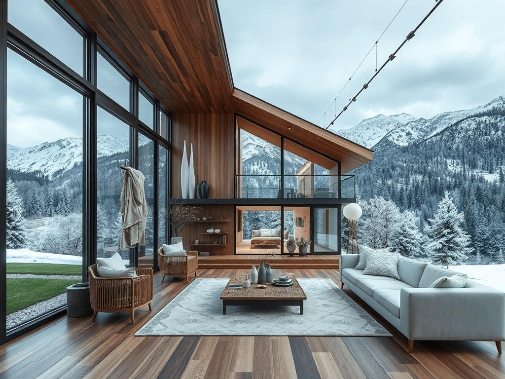 Современный интерьер с большими окнами, видом на горы и снежный пейзаж за пределами. Комфорт и стиль.