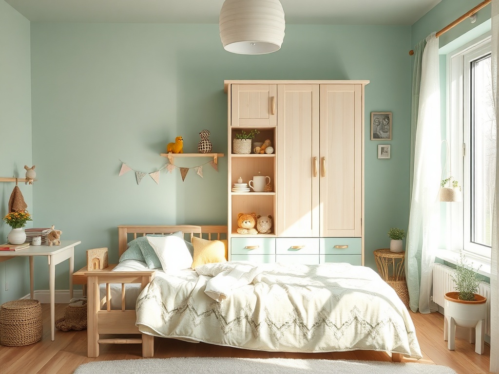 Светлая комната с кроватью, деревянным шкафом и уютным декором на фоне зелёной стены.